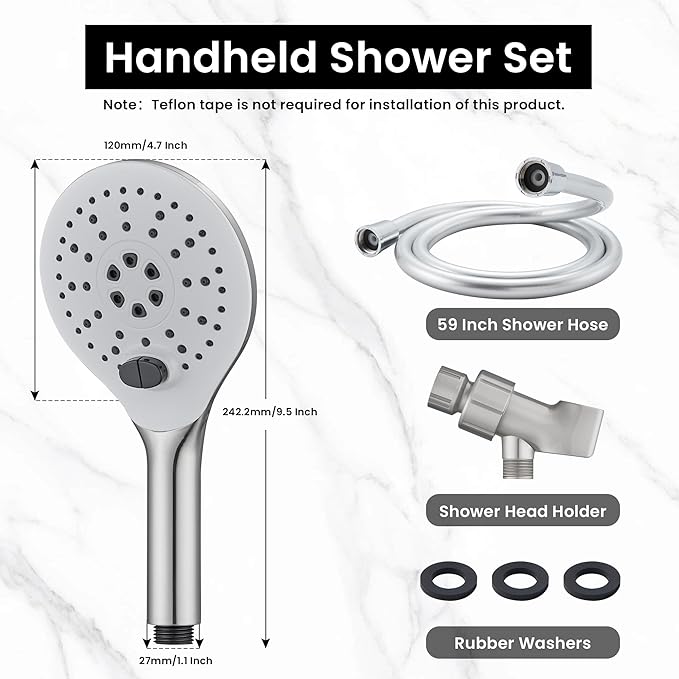 KPW Handheld Shower Head with 59" Hose Brushed Nickel Detachable Shower Head Adjustable Bracket High Pressure Handheld Shower Head RV Shower Head