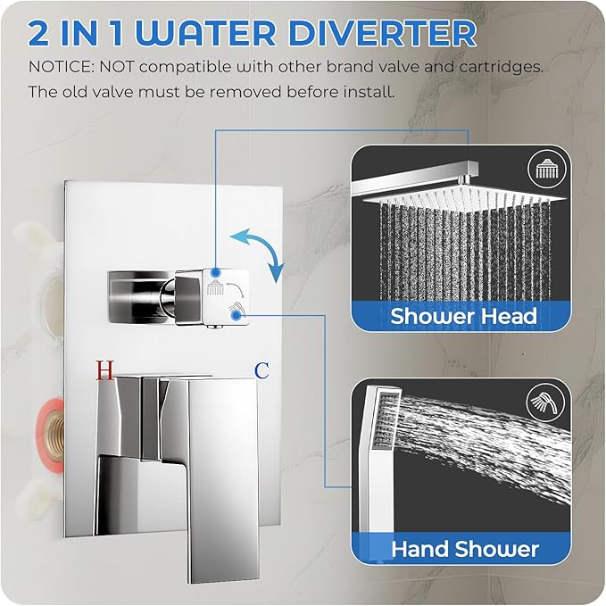 Chrome Shower Faucet Set, 10 inch Rain Shower System with Pressure Balance Valve, Wall Mounted 2-Functions Bathroom Shower Systems with Rain Shower and Handheld Spray Shower Trim Included