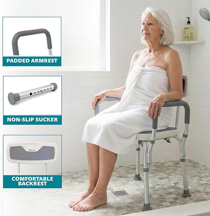 Dr. Aid Shower Chair for Inside Shower - 400 lbs, 6-Height Adjustable Shower Bench with Arms & Back for Adults, Seniors & Disabled - Tool-Free Assembly, Anti-Slip Bathroom Seat for Tub & Small Showers