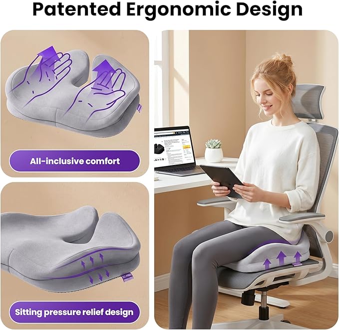 ZZ-WELL Seat Cushions for Office Chairs - Patented Extra Large Seat Cushion 21.2" W x 16.5" L - Memory Foam Seat Cushion for Tailbone Pain Relief, Sitting Pressure Relief (Light Grey)