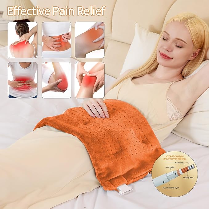Massaging Weighted Heating Pad - Electric Heating Pad for Back Pain Relief with Massager, 3 Heat, 6 Massage, Auto Off, Extra Large Vibrating Heat Pad for Shoulder Neck (Pumpkin Yellow, 20"×24")
