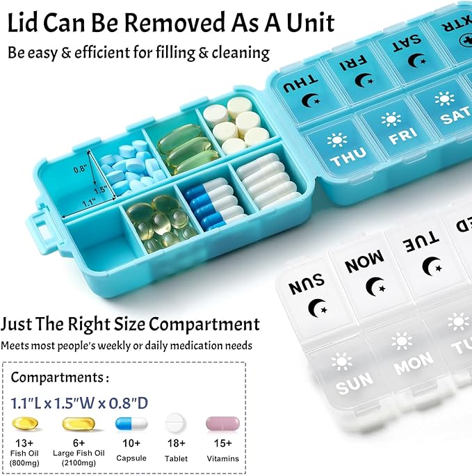Foldable Weekly Pill Organizer 2 Times a Day with 2 Extra Compartments (Clear Printed Labels) - Portable 7 Day AM PM Medicine Box, Week Daily Travel Pill Case Holder for Vitamin, Supplement - Sky Blue