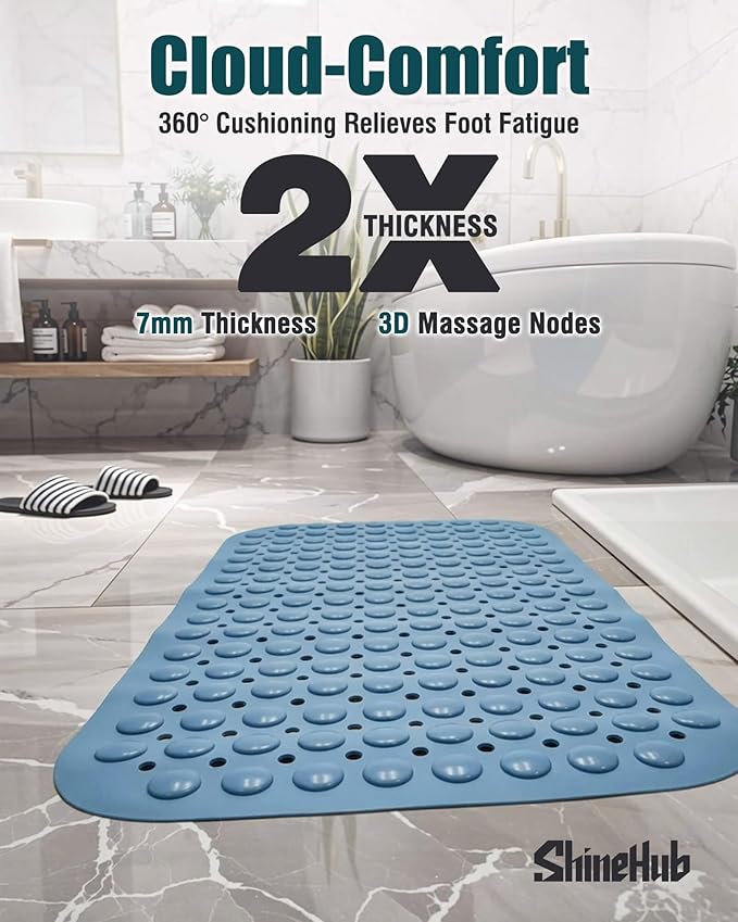 7mm Extra Thick TPE Bath Mat, Non-Slip Shower Mat for Bathroom and Tub, 28x16 Inch with Drainage Holes and Stability Grip, Machine Washable, Seashell Blue