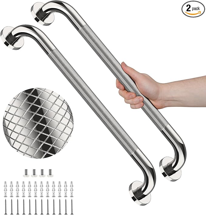 32-Inch Anti Slip Grab Bar for Shower (2 Pack), YuanDe Chrome Stainless Steel Bath Safety Rail with Knurled Grip, Shower Handrail Support for Handicap & Elderly Balance Assist, 1.25" Diameter