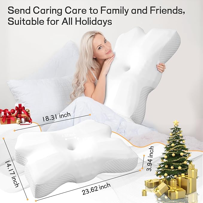 Cervical Neck Pillow for Pain Relief, Ergonomic Neck Support Pillow for Side Sleeper, Contour Memory Foam Pillows with Cooling Pillowcase Orthopedic Bed Pillow for Back Stomach Sleepers, White