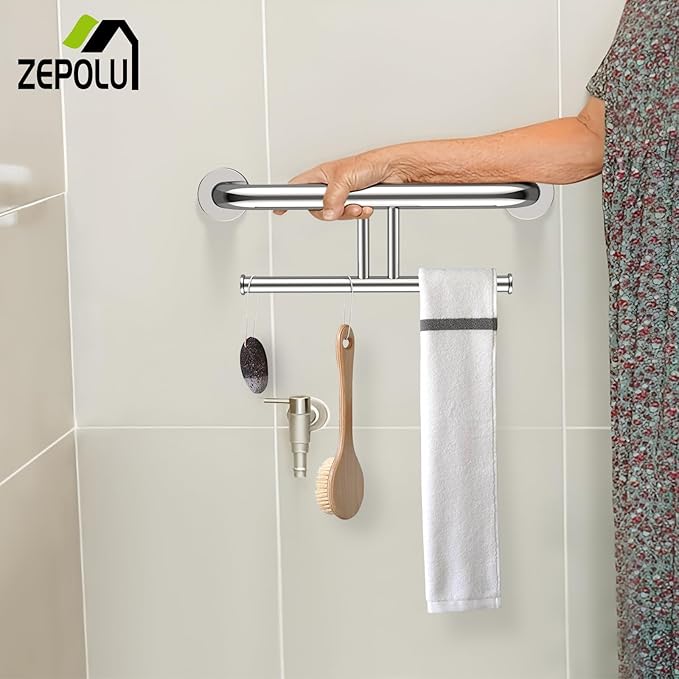 Polished Chrome Grab Bar for Bathroom 17 Inch, Zepolu Stainless Steel 2-in-1 Safety Handrail w/Double Toilet Paper Holder, Wall Mounted Balanced Support Bar Assist Handle for Senior Elderly Handicap