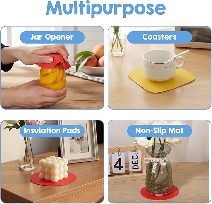 6 Pack Rubber Jar Opener, 3.7 Inch Round Silicone Jar Opener Gripper for Seniors with Arthritis Weak Hands, Non Slip Jars Lid Openers Kitchen Lid Cap Gripper Pads Multi-function Coasters