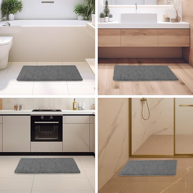 Gray Bathroom Rugs – Absorbent and Washable Bath Mat, Non-Slip, Thick Soft Chenille Bath Rugs for Bathroom Floor, Shower, Sink - 20" x 32"