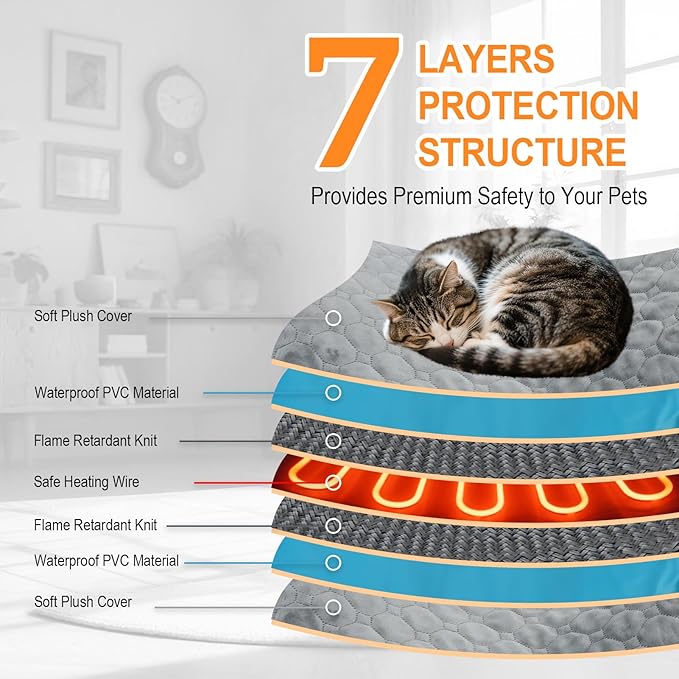 Pet Heating Pad for Cats & Dogs Indoor Outdoor, Warming Cat Heating Pad with Chew Resistant Cord, Adjustable Temperature and Time, Heated Pet Bed Mat Waterproof for Cats Dogs (Grey, 15.7'' × 27.6'')