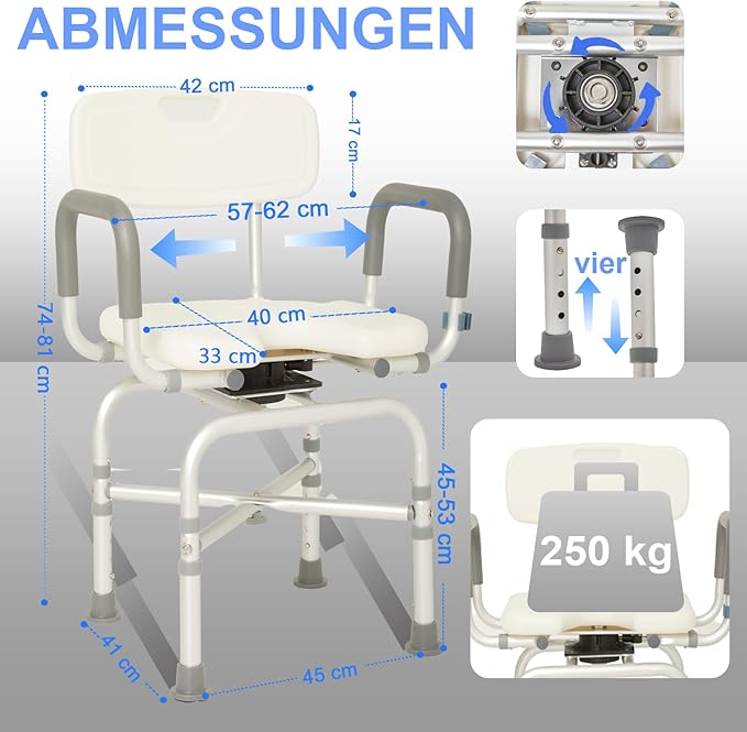 U 2-Level Width Adjustable 360° Heavy Duty Swivel Shower Chair for Inside Shower and Tub w/Reinforced X-Bar, 550lb Shower Seat for Bathtub w/Arms and Back for Seniors, Handicap, Elderly and Disabled