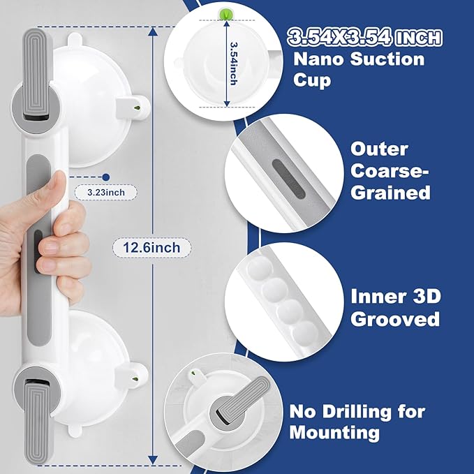 Shower Handle MAX 441LBS, Heavy Duty Suction Cup Grab Bar for Shower Bathtub, No Drilling Safety Handle for Elderly Disabled Handicap Seniors, 12.6-Inch Removable Bathroom Handrail with Non-Slip Mat