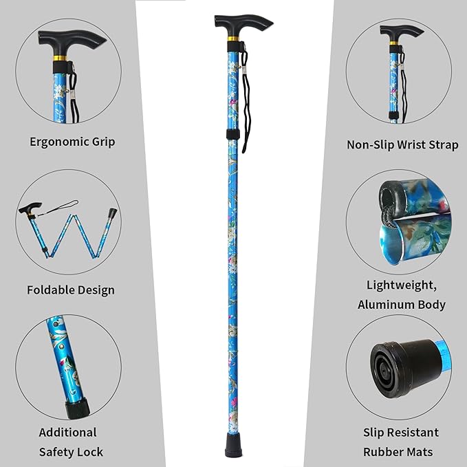 Folding Cane, 5-Level Adjustable Height Lightweight Portable Foldable Walking Canes with Wrist Strap and T Handle for Men Women Seniors