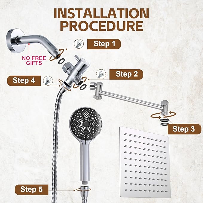 Shower Head,10”Rain Shower Head with Handheld Spray Combo and Adjustable Extension Arm/3-Way Flow Regulator/Shower System,High Pressure Rain Fall Hose,Chrome