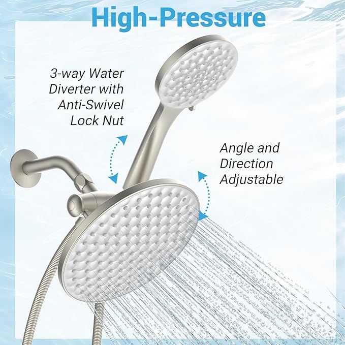 dual shower head with handheld combo,8.6 inch Rainfall showerhead,6 settings hand held shower heads with hose (Brushed Nickel)