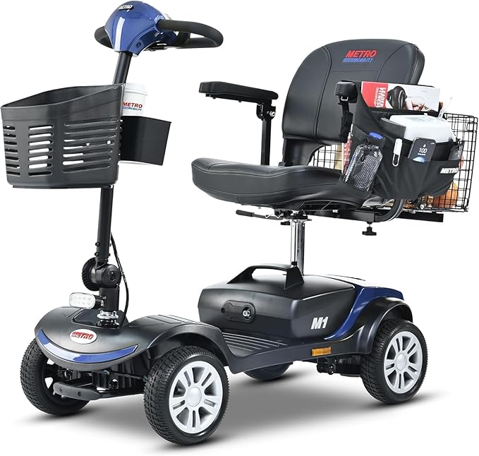 Mobility Scooter for Seniors and Adults M1 Blue, 300W Motor, 9” Solid Tires, Foldable Heavy Duty Electric Scooter, Comfortable Adjustable Seat with 360° Rotation, Portable for Travel