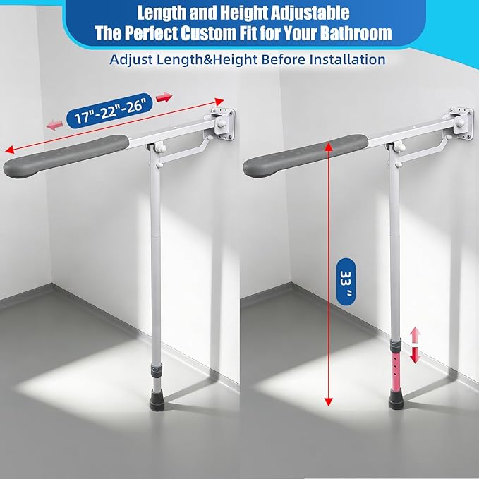 26 Inch Grab Bar for Toilet with Adjustable Height and Length, Flip up Bathroom Safety Rail with Support Leg, 660lbs Capacity Anti-Slip Handicap Toilet Handrail for Seniors