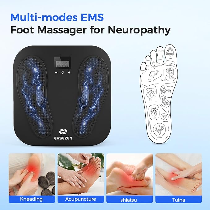 EaseZen Foot Massager for Neuropathy, Rechargeable TENS EMS Foot Stimulator with 10 Modes 20 Intensities, Feet Circulation Stimulator for Neuropathy, Plantar Fasciitis, Gifts for Mom Dad