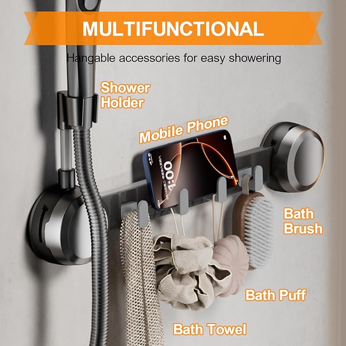 Shower Head Holder Suction Cup with 4 Hanger Hook Wall Mount - 2 in 1 Design - No-Drill Strong Adhesive Shower Wand Bracket - Adjustable Handheld Shower Head Mount - Gun Gray