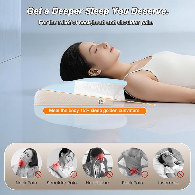 Cervical Pillow for Neck Pain Relief - Cooling Ergonomic Memory Foam Pillow with Arm Rest Slot & Ice Silk Pillowcase, Dual-Height Orthopedic Support Contour Pillow for Side, Back, Stomach Sleepers