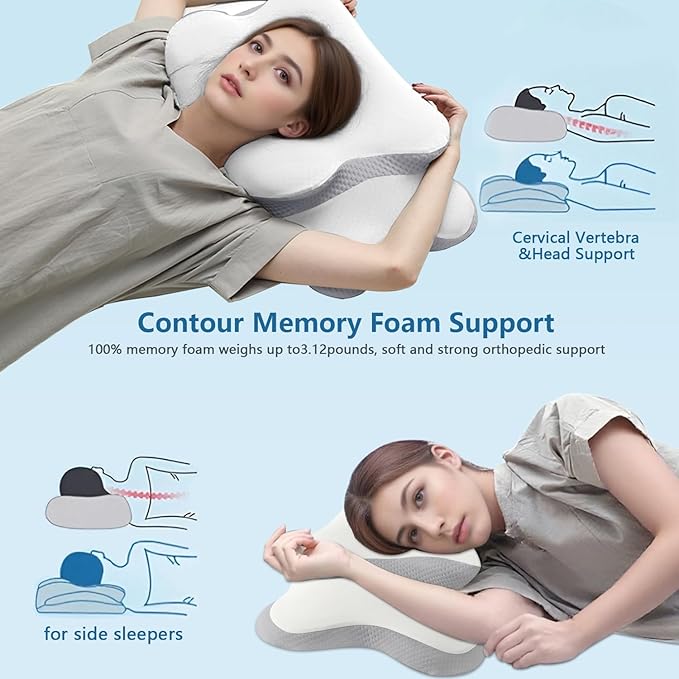 Cervical Neck Pillow for Sleeping | Ergonomic Pillow for Sleep Apnea, Neck Pain, and Snoring Relief | Contour Memory Foam with Ergonomic Support, White