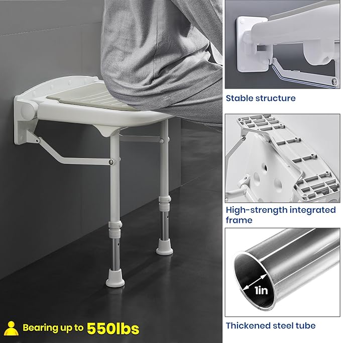 Wall Mounted Shower Seats with Bathroom Grab Bar(FSÄ/HSÄ), Support 550lbs, Adjustable Height Fold Down Shower Seat Wall Mounted Folding Shower Bench for Elderly-Adults-Pregnants-Seniors-Disabled