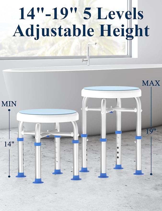 Swivel Shower Stool for Inside Shower, 360° Rotating Shower Seat with Heavy-Duty Support Up to 300lb, Adjustable & Non-Slip Chair for Senior Elderly Disabled Pregnant