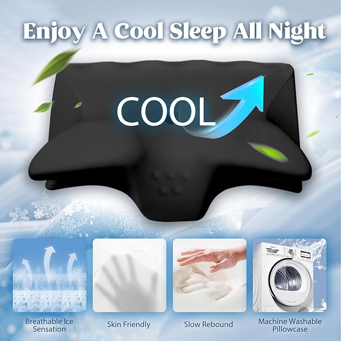 Cervical Pillow for Neck Pain Relief, Cooling Contour Memory Foam Pillows Support Odorless Ergonomic Neck Pillow Adjustable Orthopedic Bed Pillow for Side Back Stomach Sleeper,Black