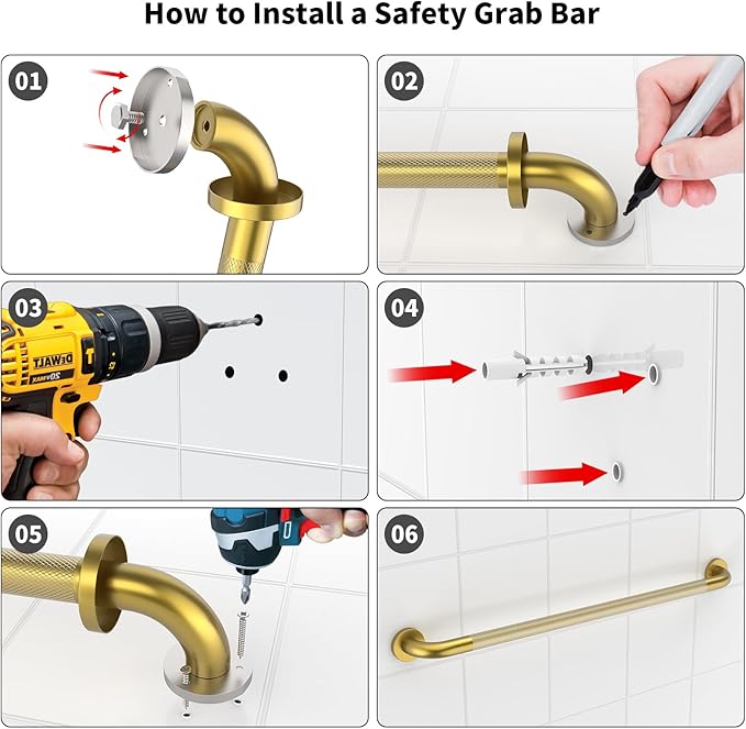 Brushed Gold Grab Bar 36 Inch, iHansee Anti-Slip Bathroom Grab Bar w/Knurled Grip, Stainless Steel Safety Handrail for Toilet Bathtub Stair, Wall Mounted Shower Handle Handicap Bars for Senior Elderly