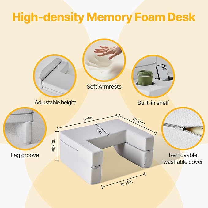 Reading Pillow Lap Desk with Storage Coaster, Adjustable Ergonomic Arm Rests for Laptop, Gaming, Reading, Working on Bed, Couch & Floor for Adults, Square, Grey