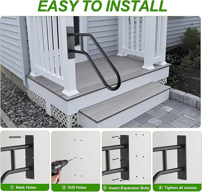 U-Shaped Safety Handrail for Stairs 1-3 Steps, Wall Mounted Handrails Indoor/Outdoor - 530lbs Load, Anti-Slip & Rust-Proof, Elderly & Disabled Assist at Porch, Deck, Bathroom-2pack