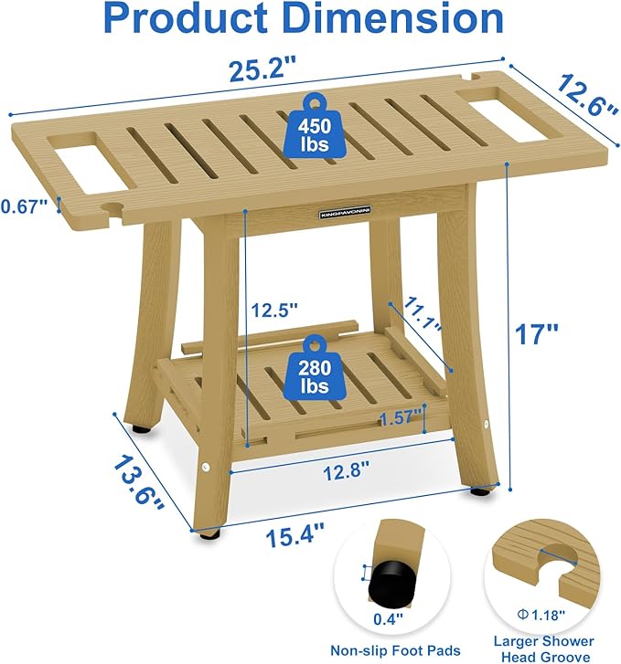 KingPavonini HDPS Shower Benches for Inside Shower to Sit on, Waterproof Shower Stool for Shaving Legs, Heavy Duty 450LBS Shower Seat with Storage Shelf, Shower Chair for Bathroom/Indoor/Outdoor Use