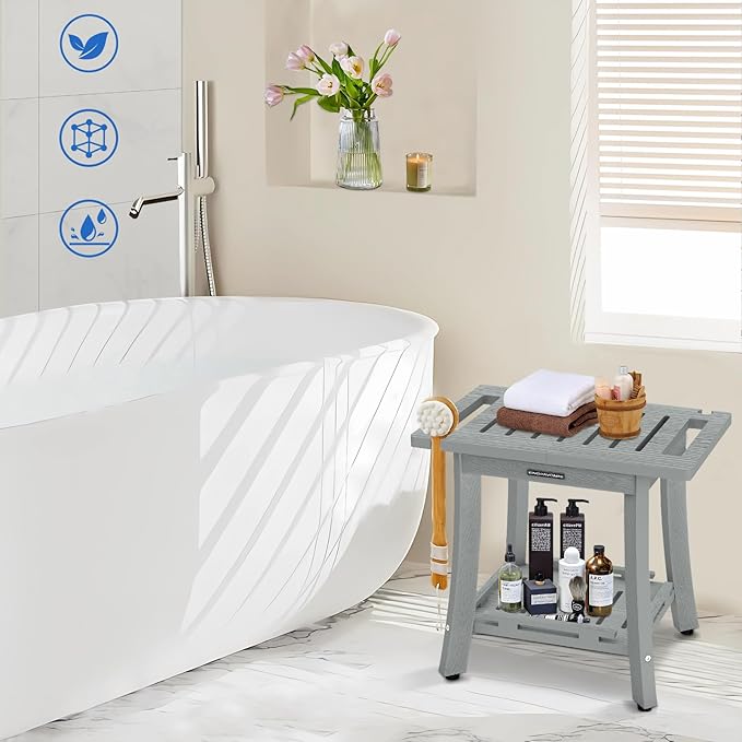 KingPavonini HDPS Shower Benches for Inside Shower to Sit on, Waterproof Shower Stool for Shaving Legs, Heavy Duty 400LBS Shower Seat with Storage Shelf, Shower Chair for Bathroom/Indoor/Outdoor Use
