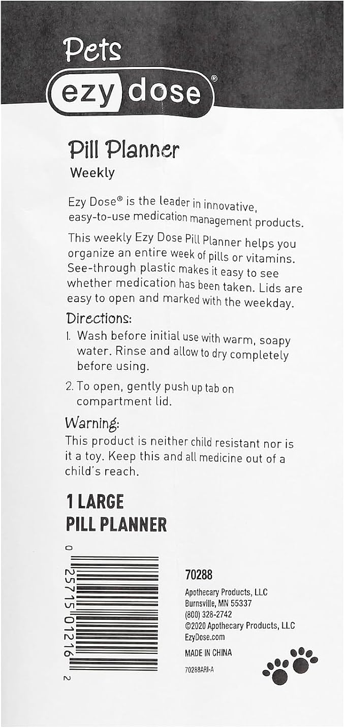 EZY DOSE Pets Weekly (7-Day) Pill Case, Medicine Planner, Vitamin Organizer Box for Dogs, Convenient and Easy to Use, Large Compartments, Blue Lids, Made in the USA, BPA Free