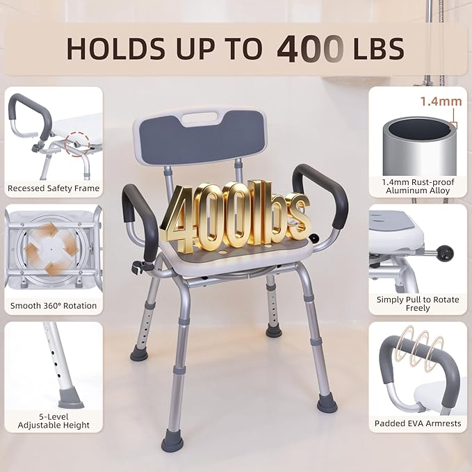 Swivel Shower Chair with Arms & Back, 400lbs Heavy Duty Shower Chair for Elderly and Disabled, Height Adjustable Shower Stool for Inside Shower, Non-Slip Rotating Shower Bench Seat for Tub Transfer