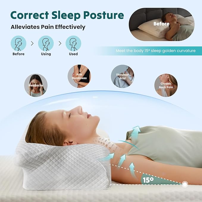DUMOS Cervical Neck Pillow for Sleeping, Cooling Ergonomic Memory Foam Pillow with Arm Rest Slot and Ice Silk Pillowcase, Dual Height Orthopedic Support Contour for Side, Back, Stomach Sleepers