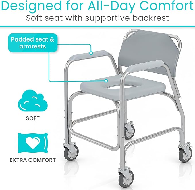 Vive Shower Chair & Toilet Riser with Wheels - Rolling Bathroom Seat for Elderly, Disabled, Handicapped - Adjustable Senior Raised Bath Potty Chair with Handles for Adults - w/ Arms & Locking Wheels