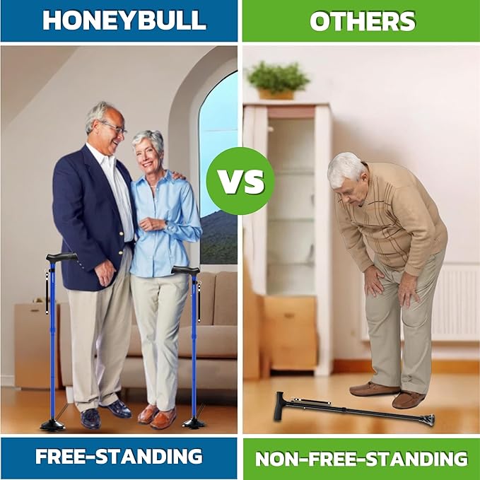 HONEYBULL Walking Cane for Men & Women Foldable, Adjustable, Heavy Duty, Free Standing, All Terrain, Collapsible Walking Sticks for Seniors & Adults
