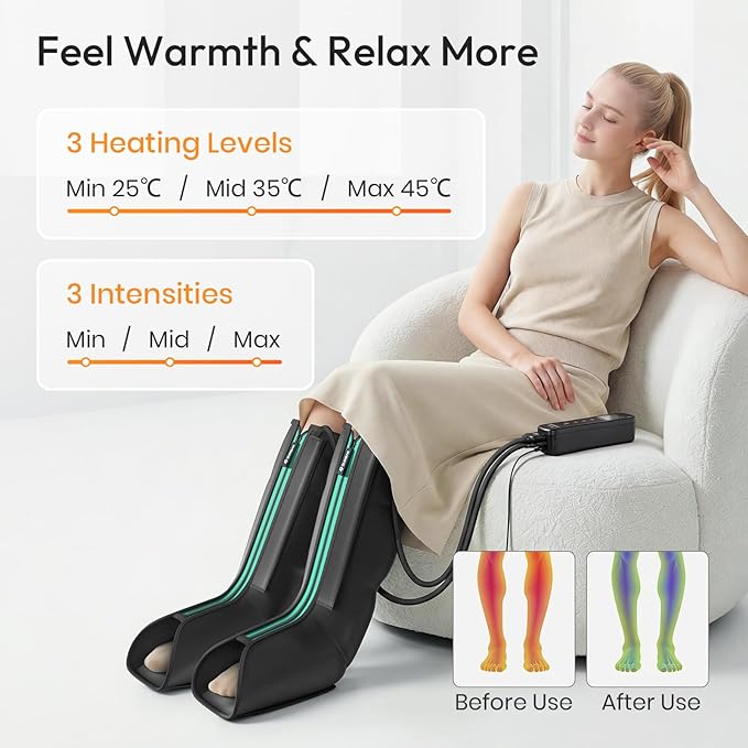 QUINEAR Leg Massager for Circulation and Pain Relief, Heating Leg Compression Massager with 3 Modes, Foot and Calf Massager with 3 Intensities 3 Heats - Gift for Mom and Dad