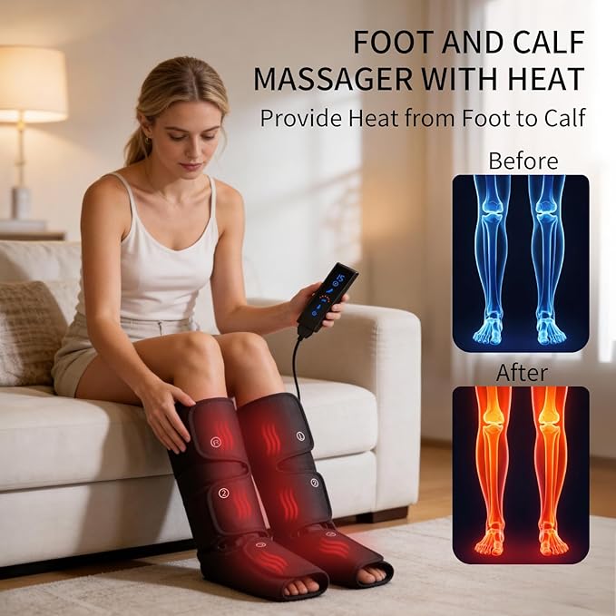 HomeCare Leg Massage with Heat, Electric Leg Massager for Calves and Feet with 4 Modes, 6 Intensity Levels, 3 Timer & LCD Display, Foot Massager for Women and Men at Home or Office