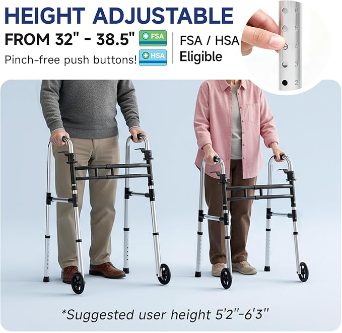 Loyoda Walkers for Seniors Foldable, Aluminum Lightweight Walker with Wheels, Adjustable Height & Width Standard Walkers for Elderly & Disabled, 350 lbs Capacity, Silver