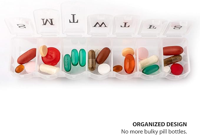 Deke Home - Weekly Pill Organizer, 7 Day Pill Box with Large Compartments & Snap-Shut Lids, Easy Open, BPA Free Plastic Medicine Organizer for Pills, Vitamins & Supplements, Travel Friendly