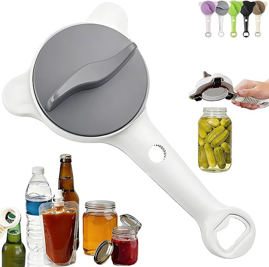 4-in-1 Adjustable Jar Opener for Seniors with Arthritis – Stainless Steel Lid & Bottle Opener, Ergonomic Easy Grip, Fits 1–4 Inch Caps, Heavy Duty Kitchen Can Opener Tool (Gray)