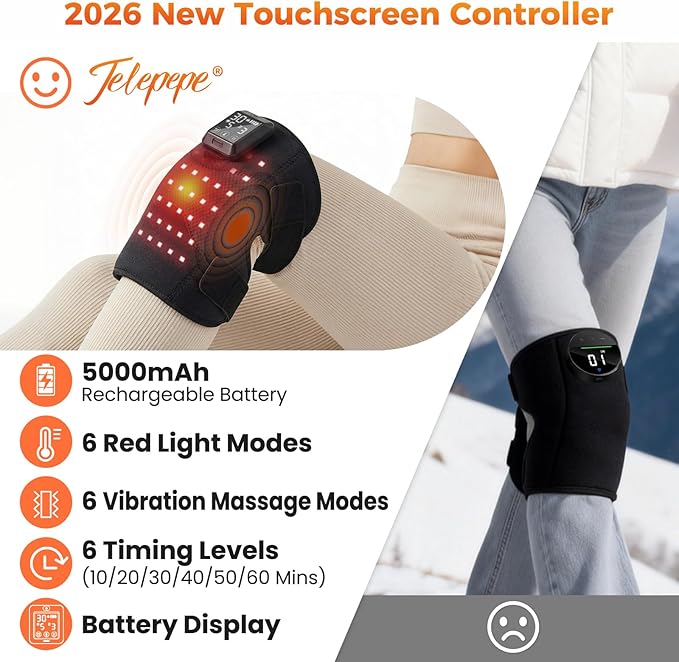 Knee Massager with Heat and Red Light Therapy, 5000mAh Heated Knee Brace for Knee Pain Relief, 660&850nm Red Light Therapy Device for Knee with 6 Heat 6 Vibration Massage, Gifts for Seniors(Single)
