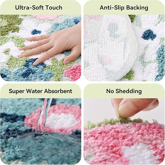 TRUEDAYS Wildflower Floral Bathroom Rug - Cute Tufted Non Slip Soft Flower Shaped Bath Mat, Washable Farmhouse & Cottagecore Bathroom Decor - Aesthetic Green Rug for Vanity, Tub, Entryway
