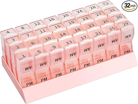 Monthly Pill Organizer 2 Times a Day, one Month Pill Box AM PM, 30 Day Pill Case Small Compartments to Hold Vitamin and Travel Medicine Organizer, 31 Day Pill Organizer, 4 Week Pill Cases（Pink）