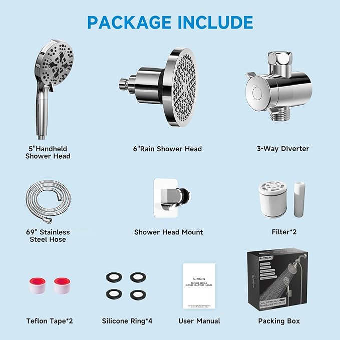 High Pressure Shower Head Combo with Handheld Spray, 6" Filtered Rain Shower Head & 5" Handheld Shower Head with Filters, 69" Stainless Steel Hose - Dual Shower Head Set for Bathroom Home