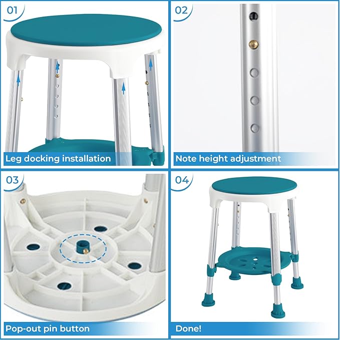 Shower Stool Chair for Inside Shower, Upgrade Small Corner Plastic Stool for Seniors Adult, 360° Swivel Shower Stool Seat for Bathroom, 6-Level Adjustable Height Bath Chair Stools with Shelf
