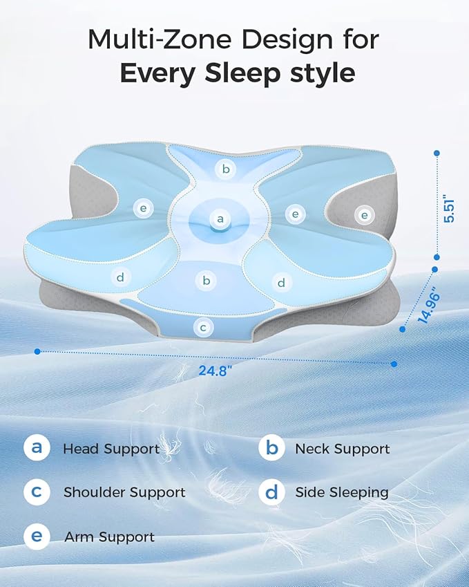 Ergonomic Cervical Memory Foam Pillow with Wide Arm Support Area, Cooling Breathable Removable Pillowcase, for Side, Back and Stomach Sleepers, for Better Neck Comfort