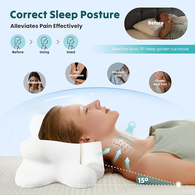 DUMOS Cervical Neck Pillow for Sleeping, Cooling Ergonomic Memory Foam Pillow with Arm Rest Slot and Ice Silk Pillowcase, Dual Height Orthopedic Support Contour for Side, Back, Stomach Sleepers