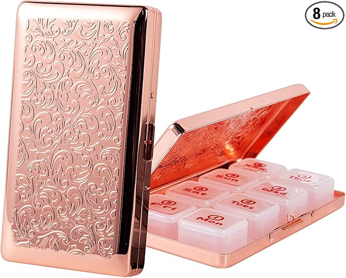 Portable 7-Day Metal Pill Case, Featuring 8 Compartments—Perfect for Travel. BPA-Free. (L-Pink, Large)